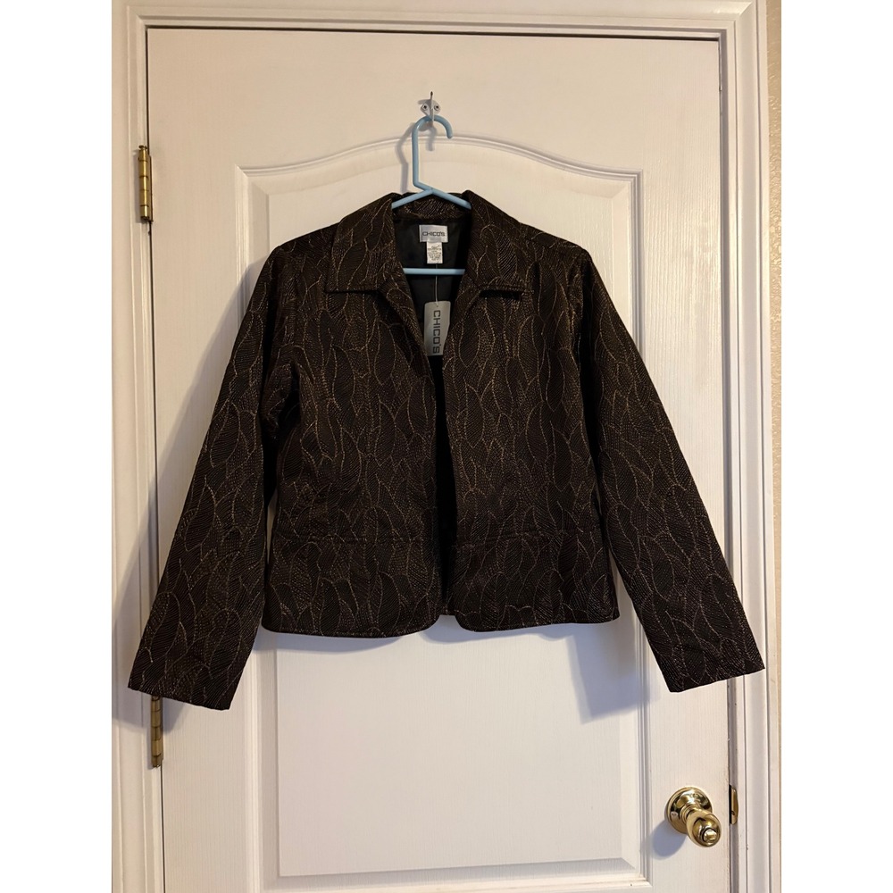 Chico's Fittonia Cutback Jacket Size 1 Black NWT Metallic Leaf Pattern Peplum
